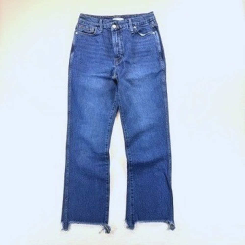 Good American Cropped Straight Jeans Size 26 Blue Raw Frayed Step Hem
